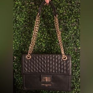 Vintage Karl Lagerfeld Paris Agyness Quilted Leather Shoulder Bag Black & Gold
